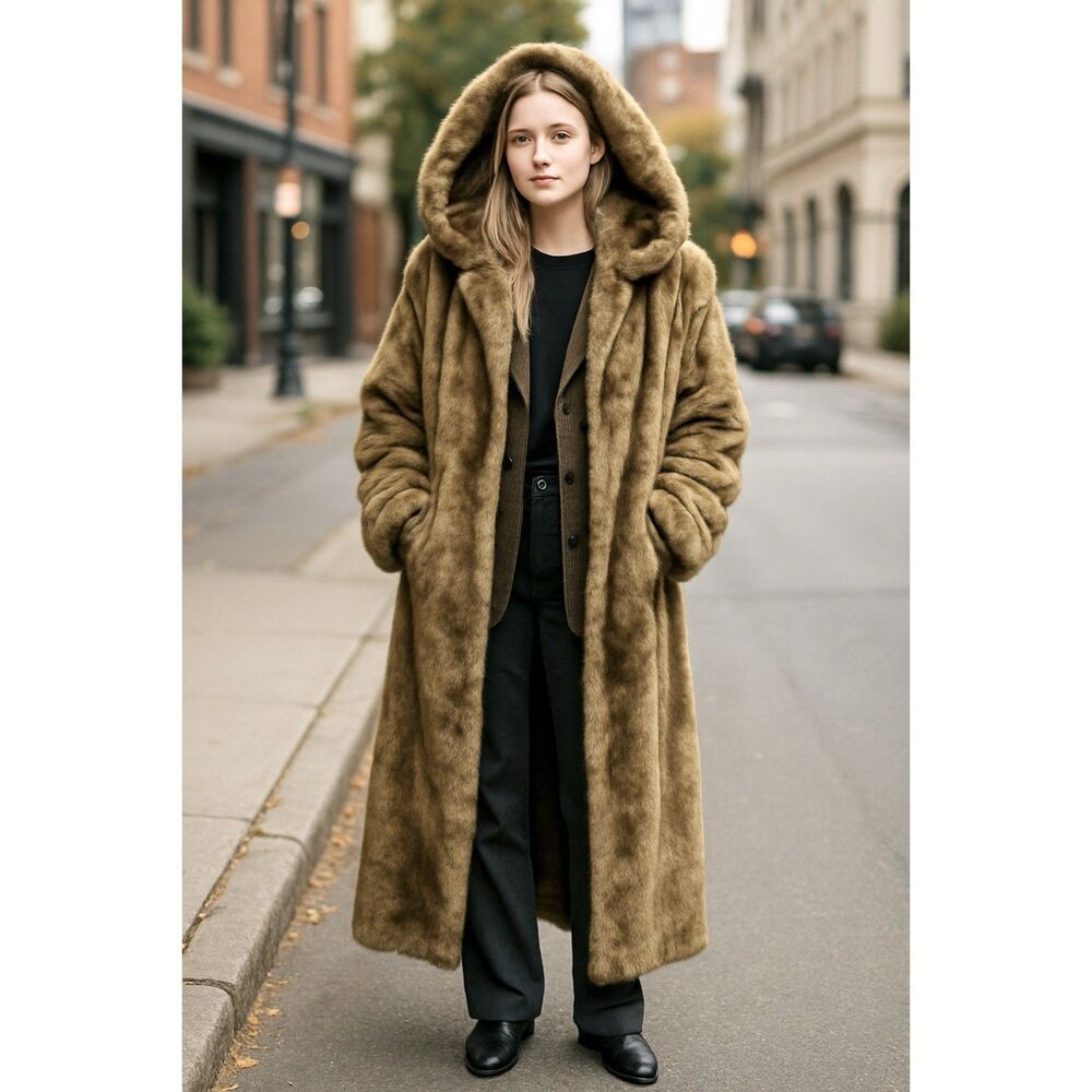 VTG Faux Sable Fur Coat Size S Hooded Classic Luxury Mob Wife Carmela Sopranos
